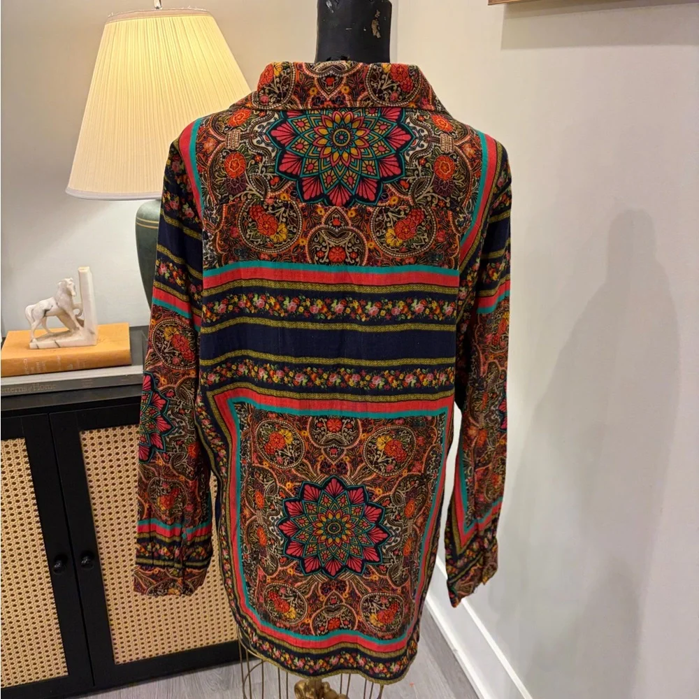 All About Her Embroidered Mosaic Button-Up Shirt 100% Cotton (XL) Hippie Gypsy - Picture 6 of 17